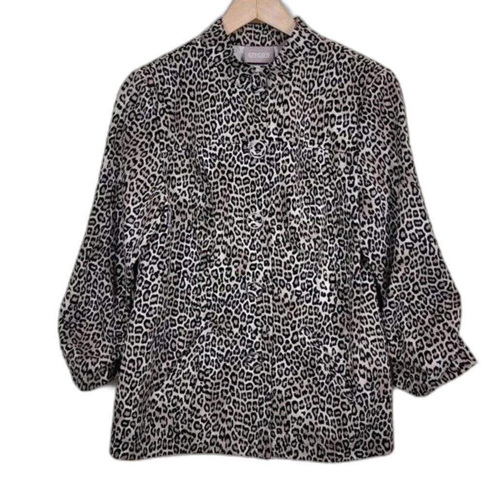 Chicos Animal Print Button Down Jacket Cream Brown Black Women Size S Stretch